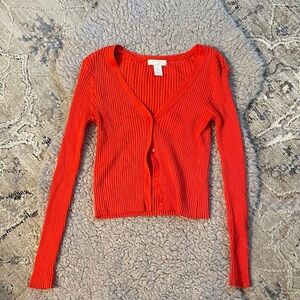H&M Ribbed V-Neck Button-Up Cardigan in Bright Red